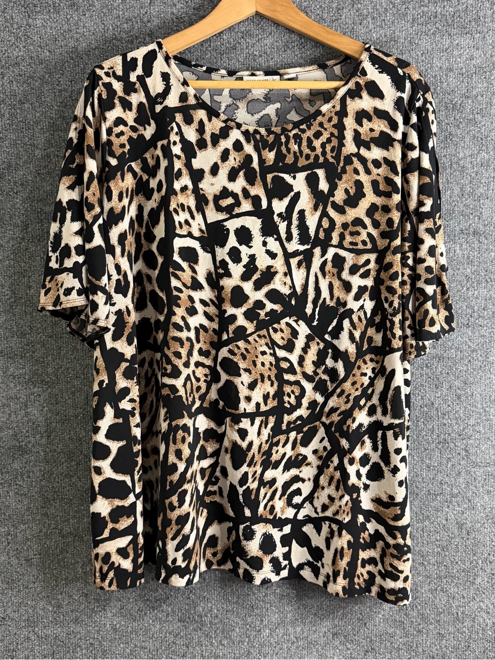 Susan Graver Womens 2X Leopard Print Patchwork Liquid Knit Short Sleeve Top
